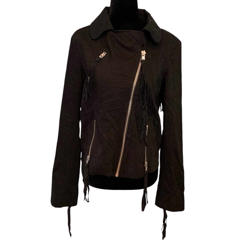 Timo Weiland fringe Biker Jacket Black Cotton Size medium - Picture 2 of 7